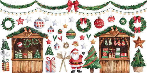 A watercolor style illustration of a Christmas market with various festive elements