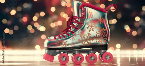 Ice Skates Resting on Snowy Bench by Evergreens,Vintage roller skate with colorful disco lights flashing on the shiny dance floor, vintage,Retro roller skates with colorful laces, 4K hyperrealistic.