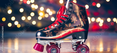 Ice Skates Resting on Snowy Bench by Evergreens,Vintage roller skate with colorful disco lights flashing on the shiny dance floor, vintage,Retro roller skates with colorful laces, 4K hyperrealistic.