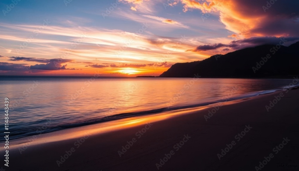 sunset on the beach with a mountain in the distance sunset on the beach with a mountain in the distance