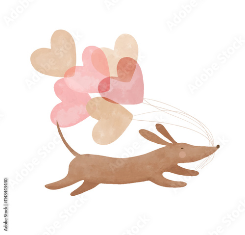 Cute Valentien's Day or Birthday Vector Card with Dachshund Dog and Heart Shaped Air Balloons. Funny Dog ​​Holding Bunch of Balloons of Heart Shape. Lovely Hand Drawn Nursery Art with Sweet Puppy. 