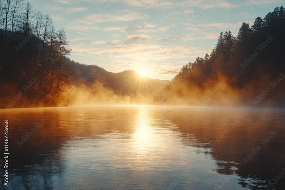 Misty sunrise over calm lake, golden hour light. Perfect for tranquility, nature, and peaceful themes. Misty sunrise over calm lake, golden hour light. Perfect for tranquility, nature, and peaceful themes.