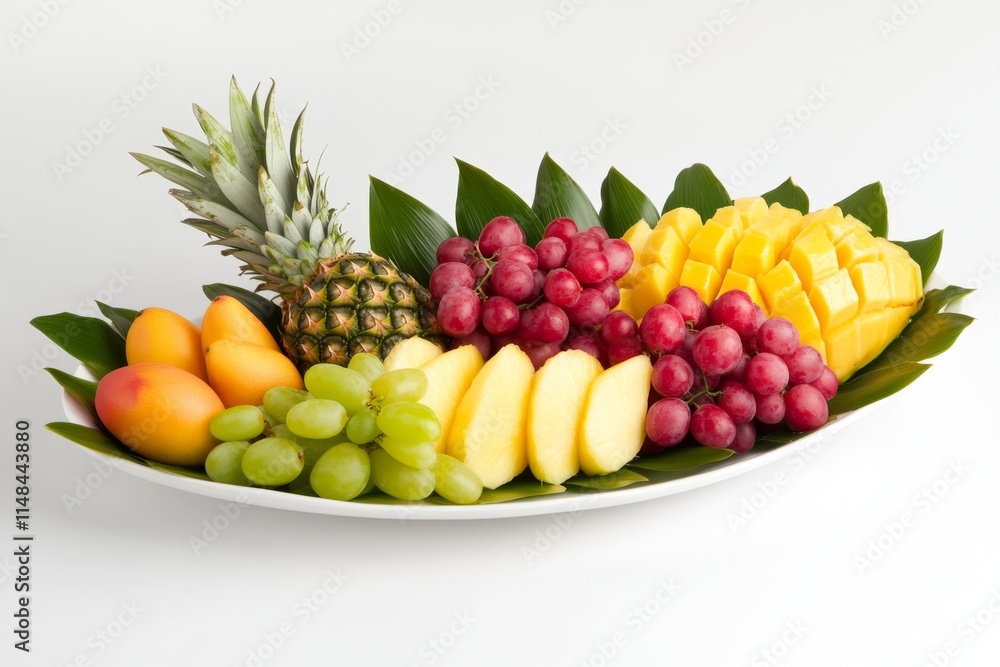 A platter of mixed tropical fruits, including dragon fruit, pineapple, mango, and papaya, beautifully arranged A platter of mixed tropical fruits, including dragon fruit, pineapple, mango, and papaya, beautifully arranged