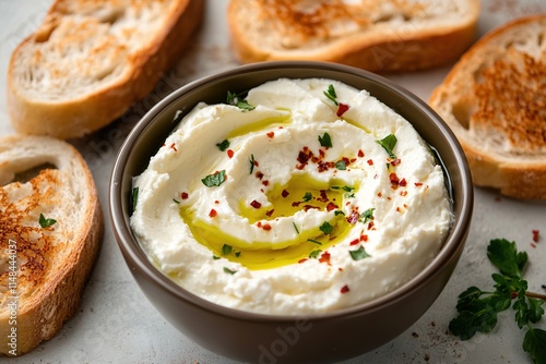 Creamy dip topped with olive oil and spices, accompanied by toas photo