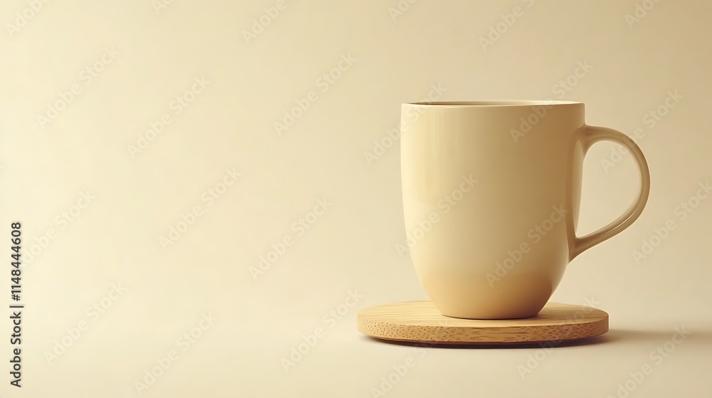 Beige mug on wooden coaster. Beige mug on wooden coaster.
