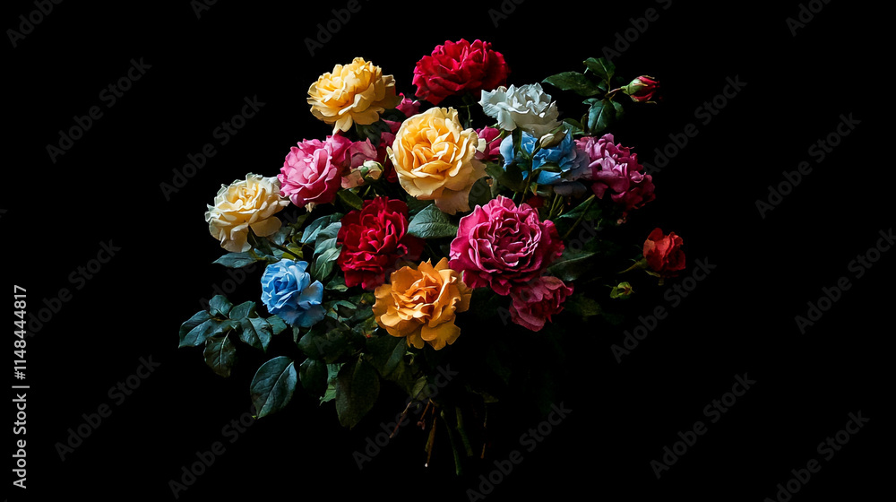 Colorful bouquet of roses showcasing various shades against a black background