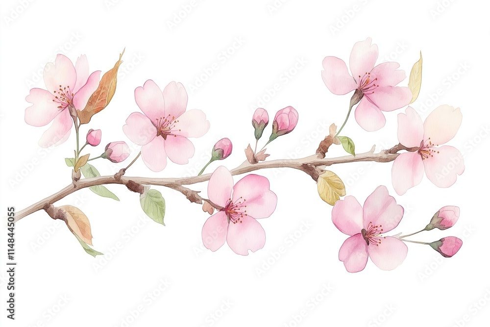 Fototapeta premium Watercolor illustration of cherry blossom branch in full bloom. Delicate pink flowers, buds adorn branch with soft pastel hues. Illustration beauty of spring blossoms in botanical style. Design