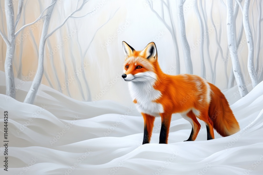 Obraz premium A red fox standing in a snowy forest, its fur glowing warmly against the cool white background