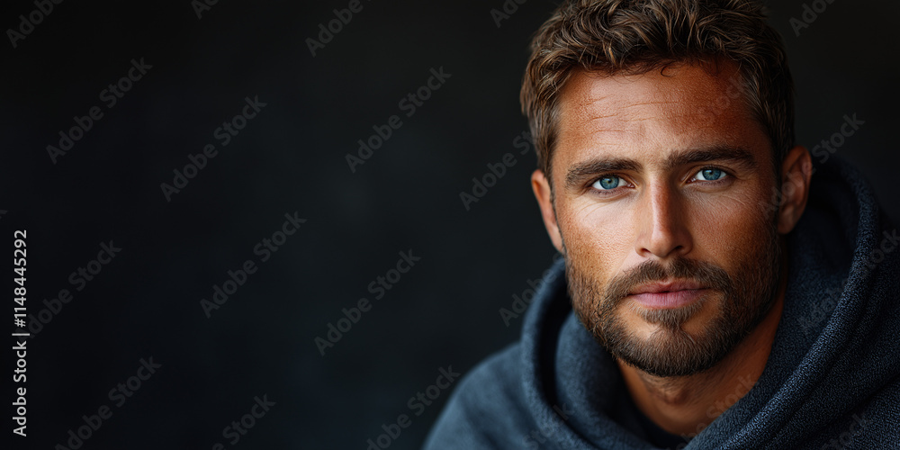Captivating portrait of a handsome man in hoodie studio setting close-up dramatic lighting Captivating portrait of a handsome man in hoodie studio setting close-up dramatic lighting
