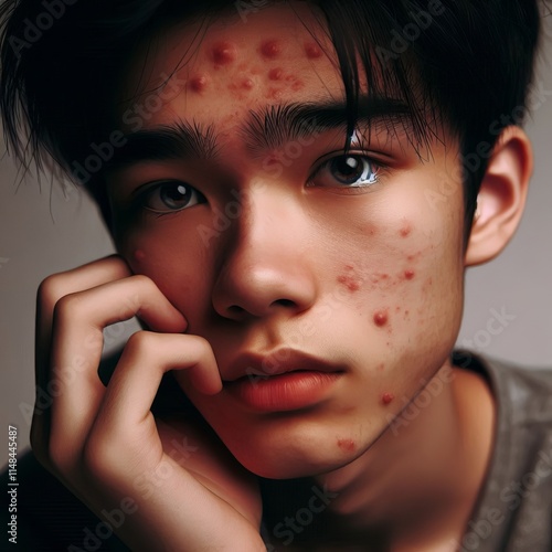 Teen boy with acne showing vulnerable expression