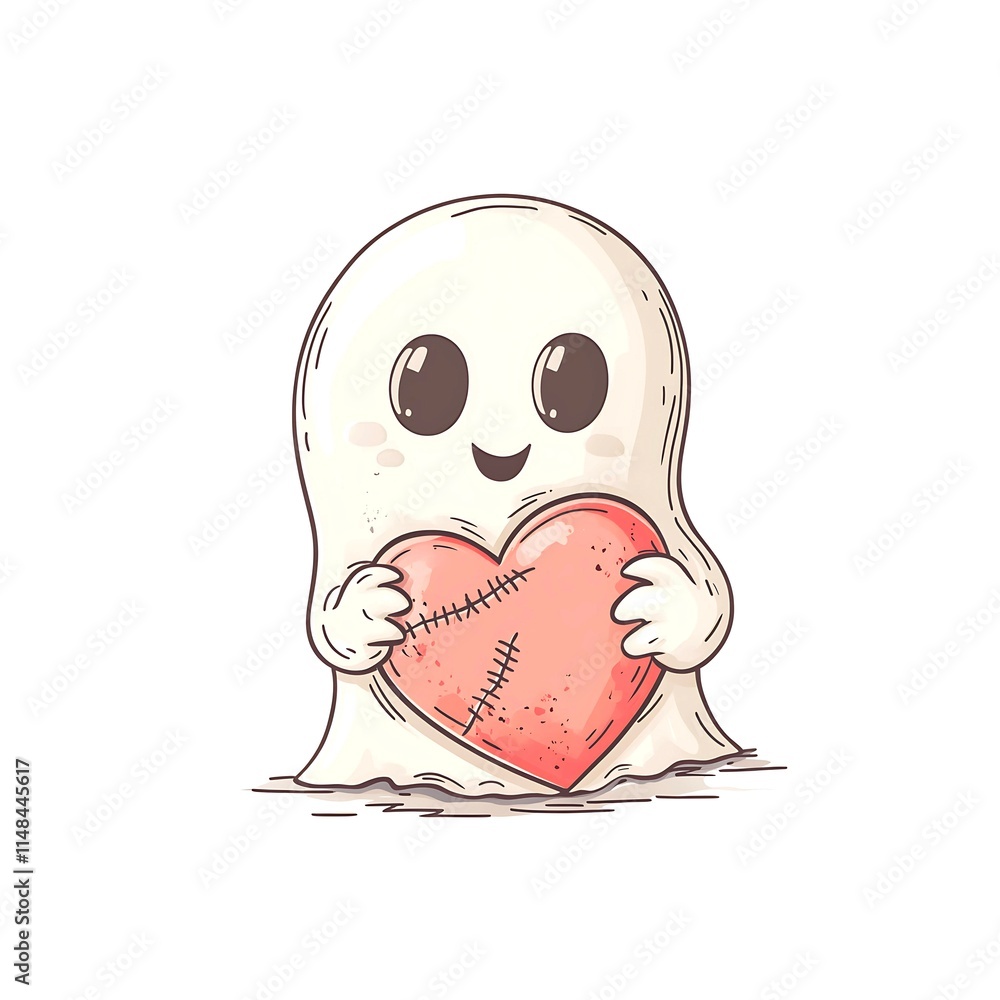 Fototapeta premium A little ghost holds a red heart with wrinkles and wounds.