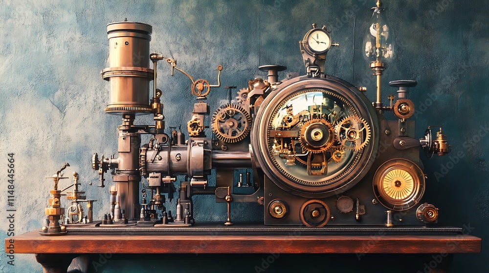 Intricate Steampunk Machine on Wooden Tabletop Intricate Steampunk Machine on Wooden Tabletop