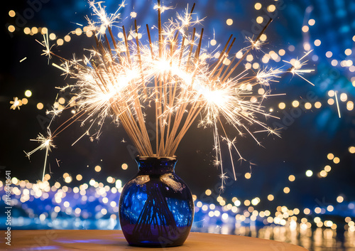 ords: firework, sparkle, wooden table, blue background, gold glitter, festive, celebration, event, party,stars and light,Christmas burning sparklers in a glass jar on wooden boards,lights on night sky photo