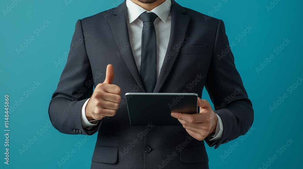 Business professional using tablet office setting corporate environment positive gesture Business professional using tablet office setting corporate environment positive gesture