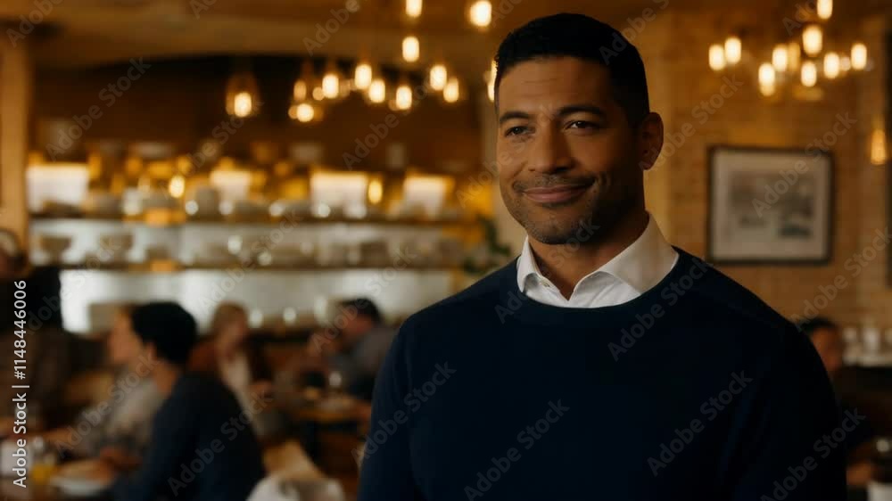A well-dressed Multiracial man shares an engaging conversation in a busy urban cafe filled with lively patrons and warm lighting A well-dressed Multiracial man shares an engaging conversation in a busy urban cafe filled with lively patrons and warm lighting