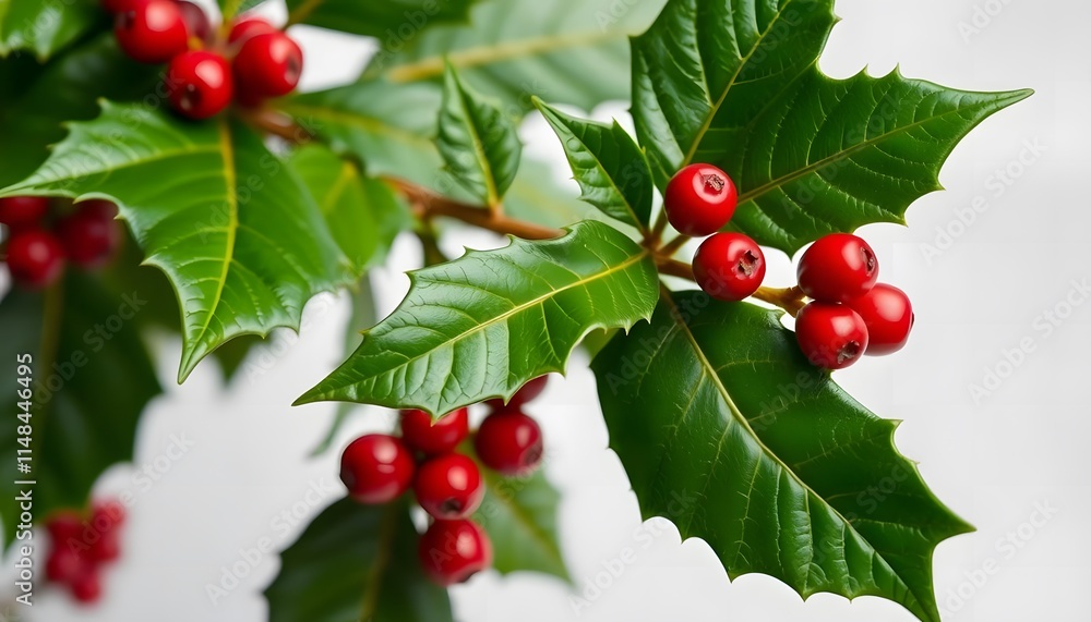 Obraz premium Lush Green Holly Branch Red Berries Festive Winter Decoration