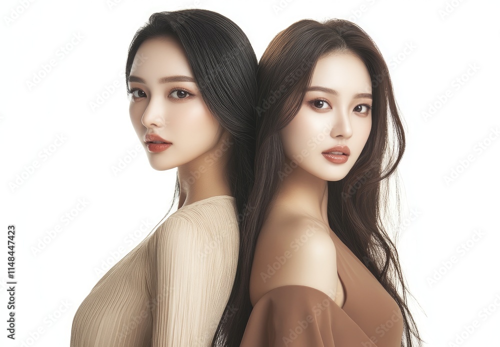 wo beautiful Asian women, posing for skin care product advertising wo beautiful Asian women, posing for skin care product advertising