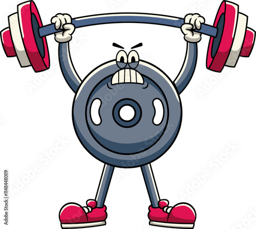 Weight Plate lifting Olympic Barbell Gym in Retro Cartoon Character Vector Illustration