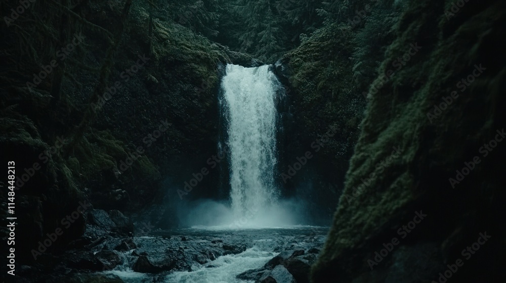 Naklejka premium Majestic waterfall cascading down mossy cliffs in a lush, dark forest.