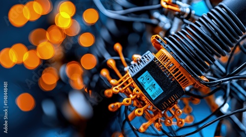 Futuristic electronic microchip device with glowing blue screen and gold connectors surrounded by black wires and orange bokeh lights.