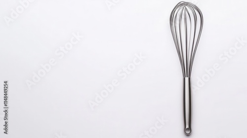 a stainless steel egg whisk, kitchen utensil, ergonomic handle, shiny finish, isolated on white background photo