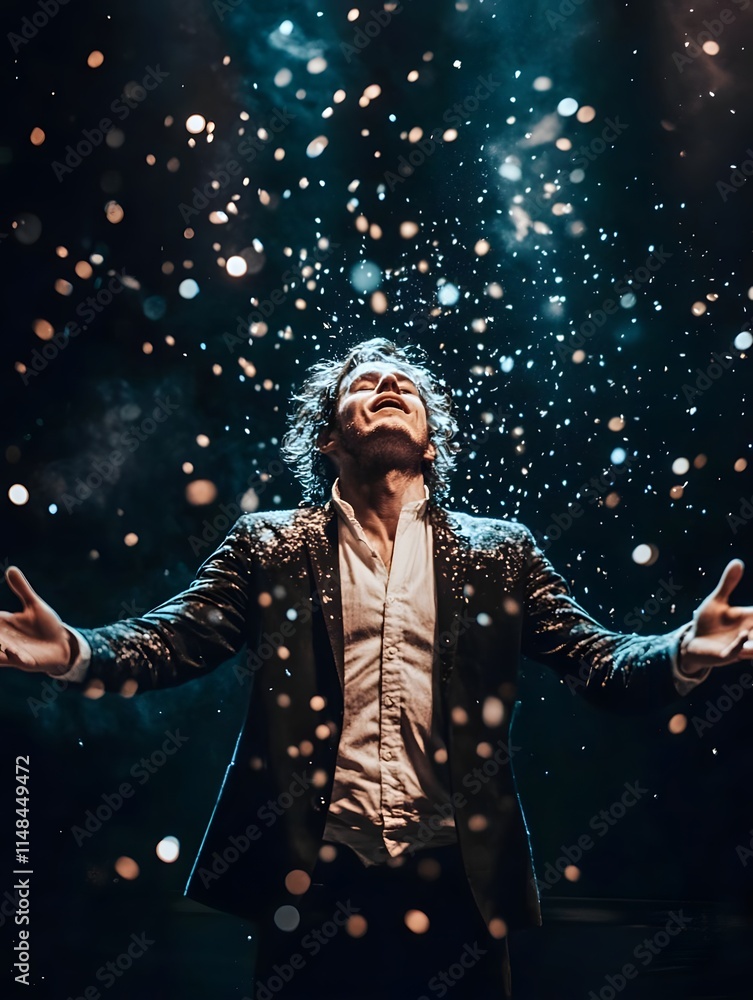 A performer in a suit, illuminated by lights, surrounded by sparkling particles, exuding energy. A performer in a suit, illuminated by lights, surrounded by sparkling particles, exuding energy.