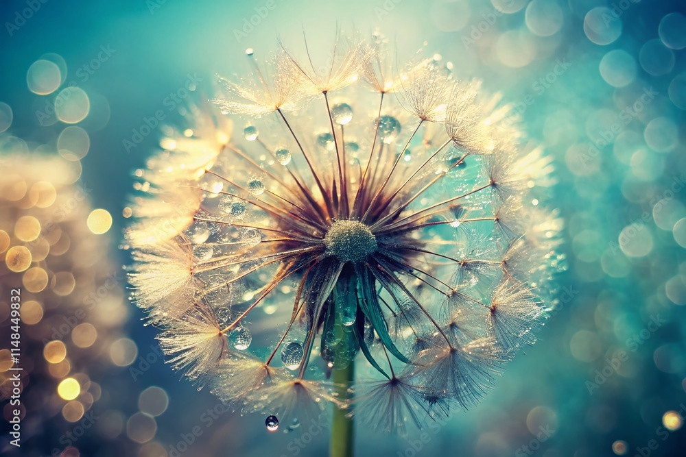 Obraz premium Vintage Dewy Dandelion Photography: Retro Floral Images, Bokeh, Soft Focus, Closeup, Macro, Spring Flowers