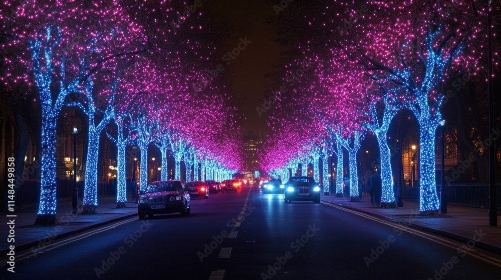Fototapeta premium Night street scene with illuminated trees.