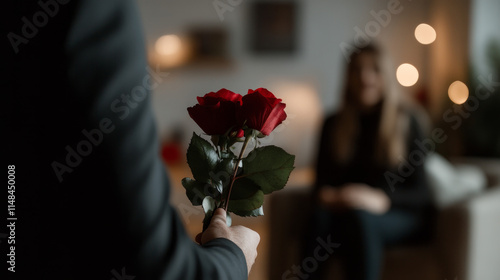 Close up a man holding two red roses, looking at a woman sitting and smiling  Valentine's Day. Love