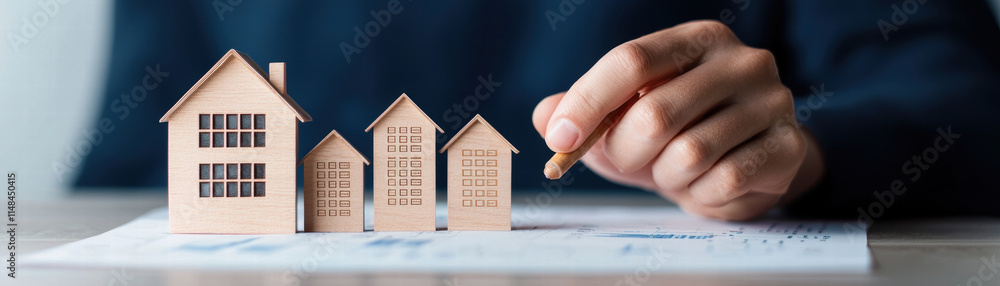 hand highlights wooden house models on financial document, symbolizing real estate investment and market analysis hand highlights wooden house models on financial document, symbolizing real estate investment and market analysis