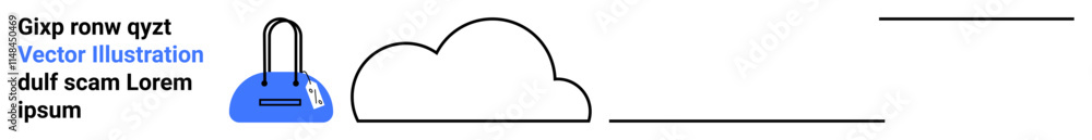 Blue padlock icon next to a simple cloud outline. Placeholder text with lorem ipsum. Black lines beneath and to the right. Ideal for security, cloud storage, data protection, networking, technology Blue padlock icon next to a simple cloud outline. Placeholder text with lorem ipsum. Black lines beneath and to the right. Ideal for security, cloud storage, data protection, networking, technology