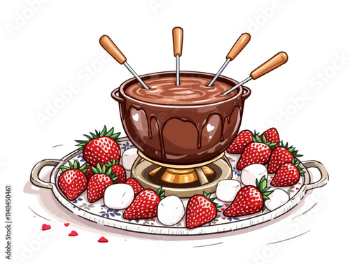 Whimsical vector chocolate fondue set with strawberries and marshmallows, colorful tray design, perfect for Valentine's Day gifts