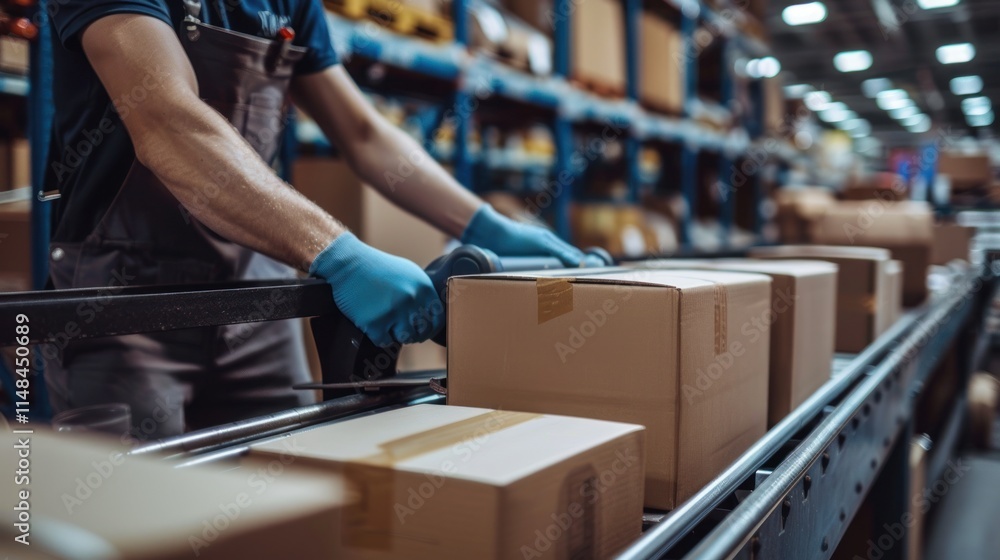 Fototapeta premium A specialized packaging line worker, sealing products efficiently and ensuring quality control,
