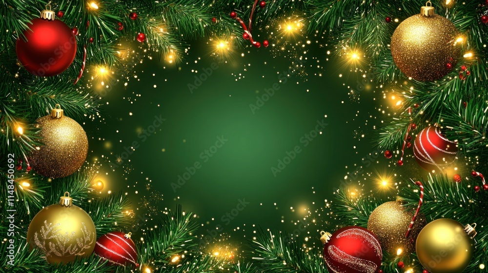 A festive Christmas holiday background featuring a Christmas tree frame adorned with twinkling lights, and gold and red glitter ornaments in the corners. A festive Christmas holiday background featuring a Christmas tree frame adorned with twinkling lights, and gold and red glitter ornaments in the corners.