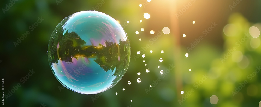 A giant soap bubble floats, reflecting a sun-drenched landscape; water droplets cascade from its iridescent surface, a breathtaking moment of nature's artistry. A giant soap bubble floats, reflecting a sun-drenched landscape; water droplets cascade from its iridescent surface, a breathtaking moment of nature's artistry.