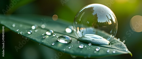 Wallpaper Mural A glistening dewdrop sphere rests gently on a verdant leaf, surrounded by smaller droplets; a captivating display of nature's artistry. Torontodigital.ca