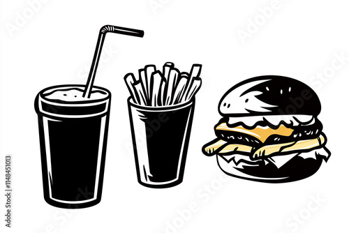 Black-and-white graphic of fast food elements like burgers, fries, and soda, with a clean aesthetic and space for copy or branding. photo