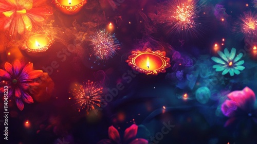 A festive Diwali design featuring glowing diya lamps, colorful firecrackers, sky lanterns (fanus), and sparkling fireworks against a vibrant backdrop. photo