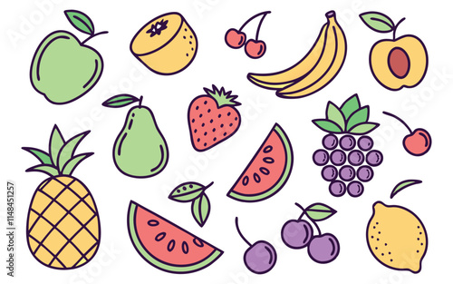 A vibrant collection of hand-drawn fruits including apples, bananas, cherries, grapes, lemons, pears, pineapples, strawberries, and watermelons. Ideal for food-related content and healthy eating theme