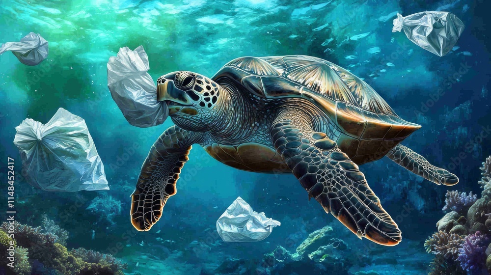 Obraz premium Plastic Pollution Crisis: Distressed Turtle Among Floating Debris in Vibrant Underwater World - Environmental Awareness Concept