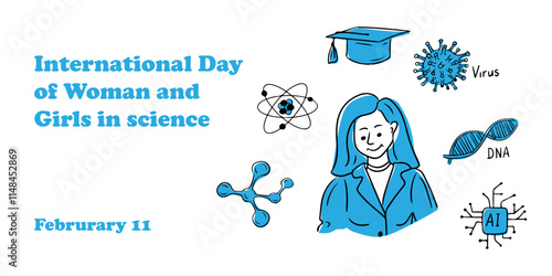 Banner for International Day of Women and Girls in Science with scientific symbols and female scientist isolated on white background. Vector hand drawn illustration with contour doodle drawing