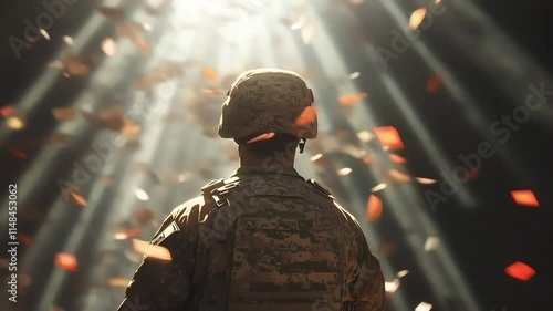 A soldier back view, full of flowating paper, Symbolizing courage, sacrifice, and the protection of freedom. photo