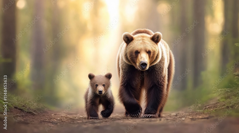 A mother bear and her adorable cub walking towards the camera through a lush forest A mother bear and her adorable cub walking towards the camera through a lush forest