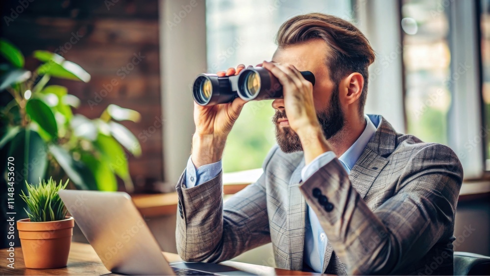 A man in a suit uses binoculars while sitting at a desk with a laptop, gazing intently out of a window with a plant nearby. A man in a suit uses binoculars while sitting at a desk with a laptop, gazing intently out of a window with a plant nearby.