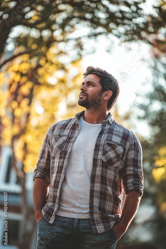 A man stands in an autumn setting, lost in thought and surrounded by the beauty of nature.