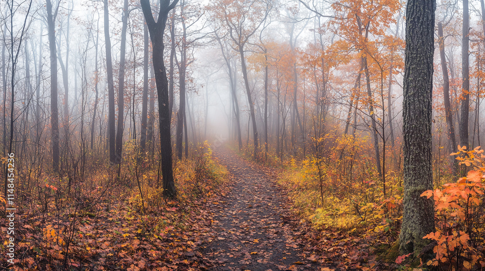 Obraz premium Autumn pathway through a misty forest with vibrant leaves and a serene atmosphere