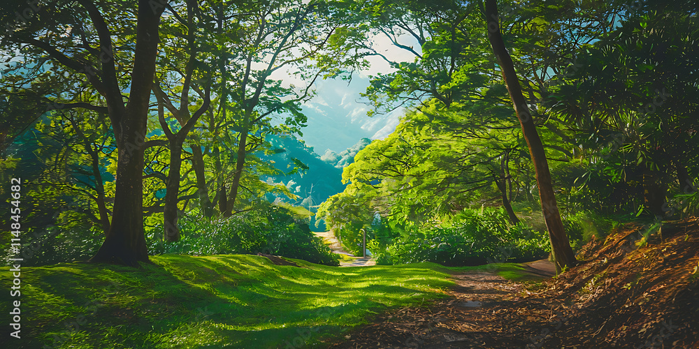 Naklejka premium of a lush green forest with tall trees and a well-trodden path