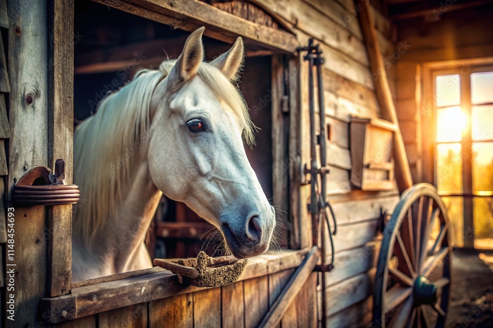 Fototapeta premium Vintage Horse Portrait: Stable Window, Wagon Wheel, Rustic Charm - AI Generated Image