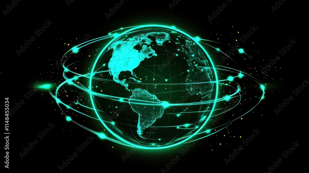 Obraz premium A futuristic globe surrounded by glowing lines and dots, representing a robust global telecom network with unmatched reliability.