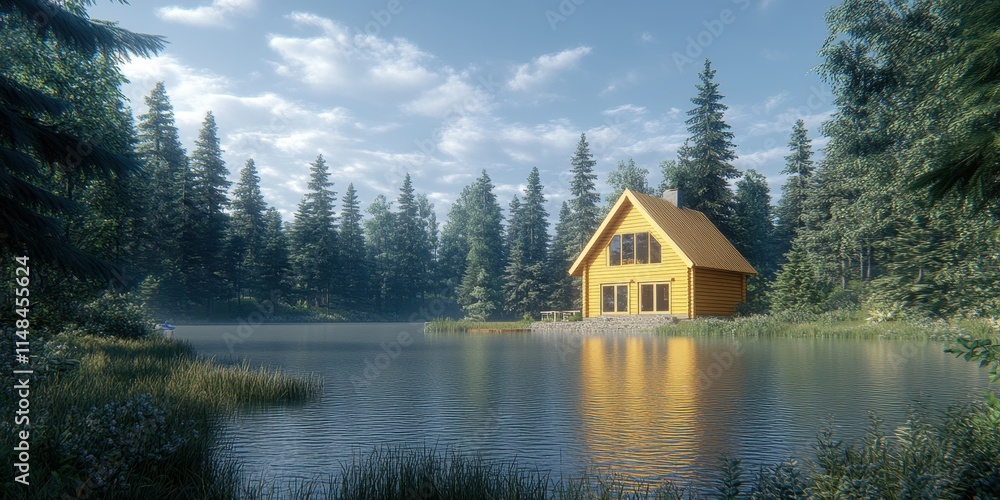 Fototapeta premium A Scandinavian-style lake house with a sloped roof and minimalistic wooden architecture, blending into the tranquil setting of still waters and dense pine forests. 